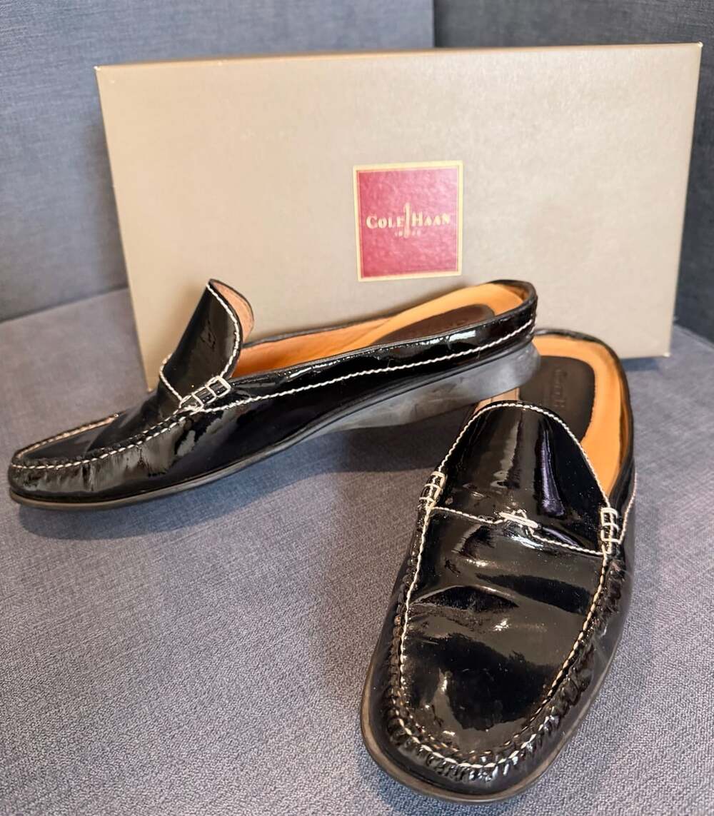 Cole Haan Black Torie Patent Leather Mule Loafers